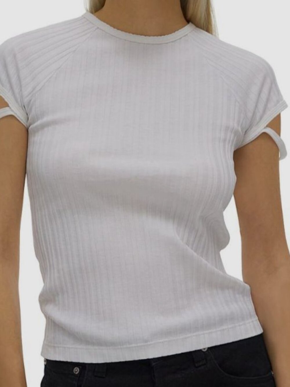 Helmut Lang Women's White Short Raglan Sleeve Strap Cuff T-Shirt Top Size S